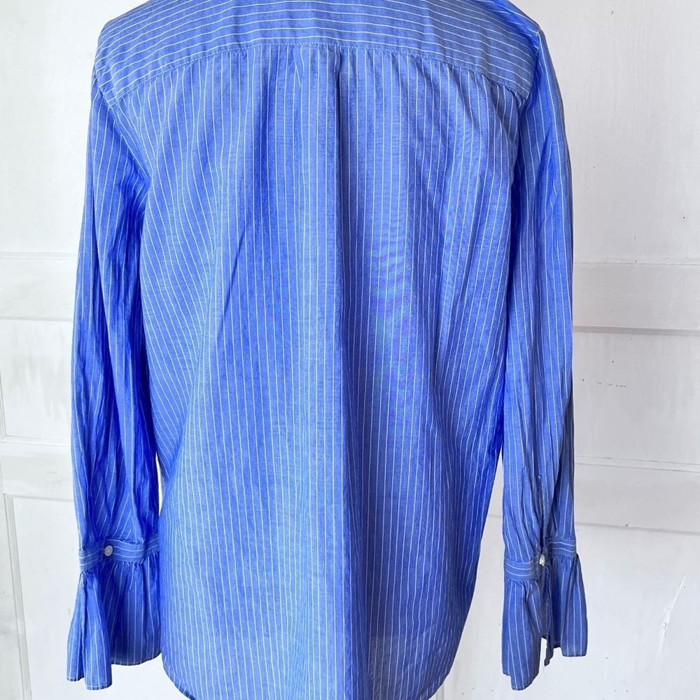 LOFT EMBROIDERED TAB COLLAR BUTTONDOWN TOP BLUE WHITE STRIPED BOHO RUFFLE SLEEVE - Picture 3 of 11